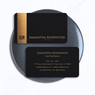 Luxe zwart leer & gouden paneel monogram visitekaartje