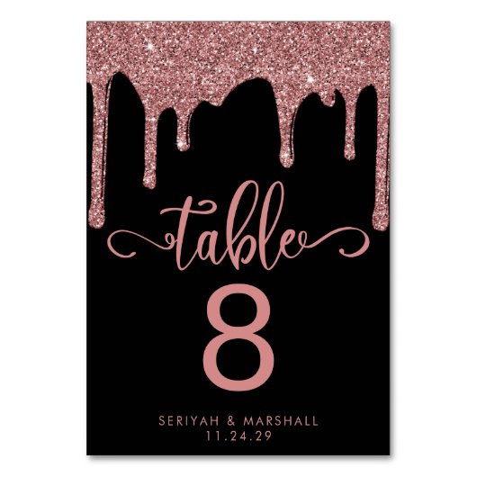 Luxe Zwart Roos Goud Dripping Glitter Bruiloft Kaart (Voorkant)