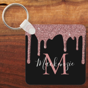 Luxe Zwart Roze Goud Glitter Druppels Monogram Sleutelhanger