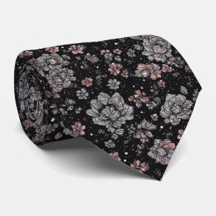 Luxe Zwart Roze Vintage Metallic Zilveren Bloemen Stropdas