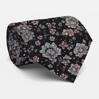 Luxe Zwart Roze Vintage Metallic Zilveren Bloemen Stropdas