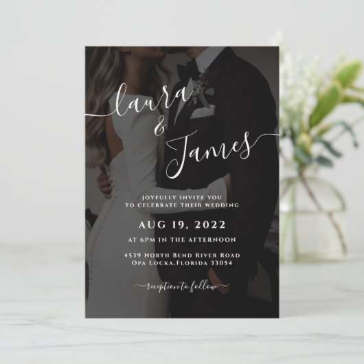 Luxe Zwart & Wit Foto QR Code Classy Bruiloft Kaart (Staand voorkant)