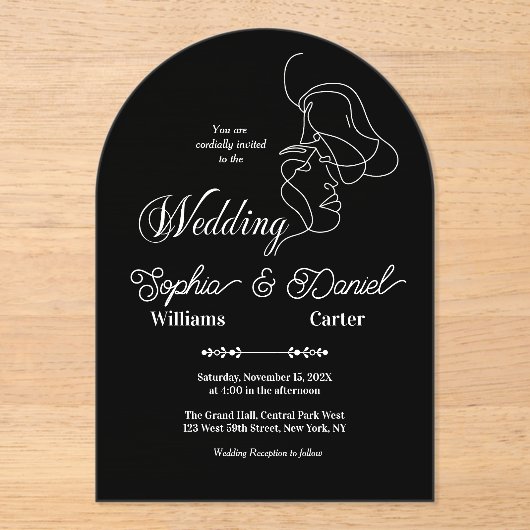 Luxe Zwart & Wit Huwelijk Chic Artistiek Paar Acryl Uitnodigingen (Voorkant)