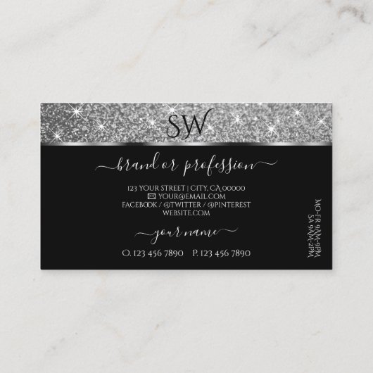 Luxe zwart zilveren glitter shimmer sterren monogr visitekaartje (Achterkant)