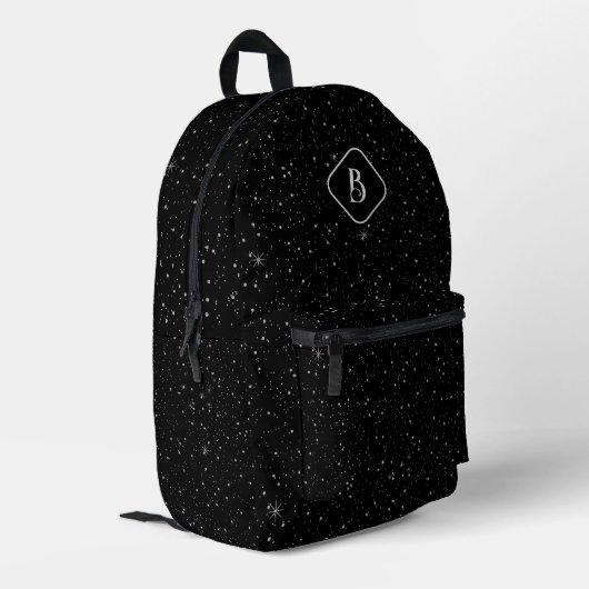 Luxe Zwarte Achtergrond Wit Sparkles Monogram Bedrukte Rugzak (Achterkant Hoek Links)