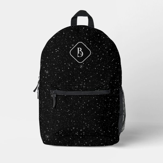 Luxe Zwarte Achtergrond Wit Sparkles Monogram Bedrukte Rugzak (Voorkant)