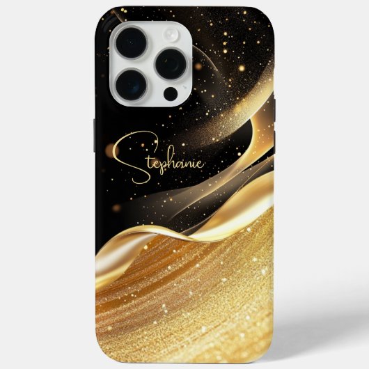 Luxe zwarte basis & gouden parel naam iPhone case (Achterkant)