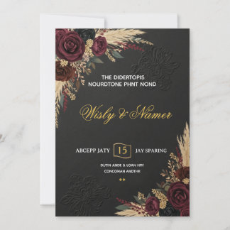 Luxe Zwarte Bourgondië & Gouden Bloemen Bruiloft Kaart