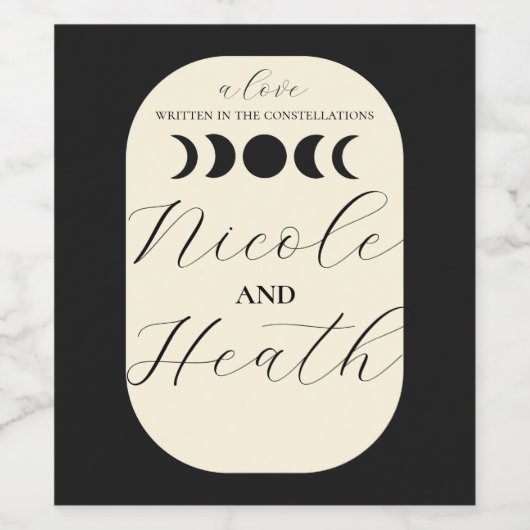 Luxe zwarte en crèmekleurige maanfase trouw wijn etiket (Enkel label)