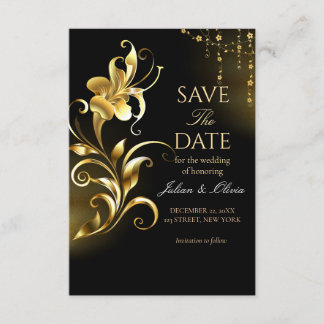 Luxe zwarte en gouden bloemensave the date-kaart informatiekaartje
