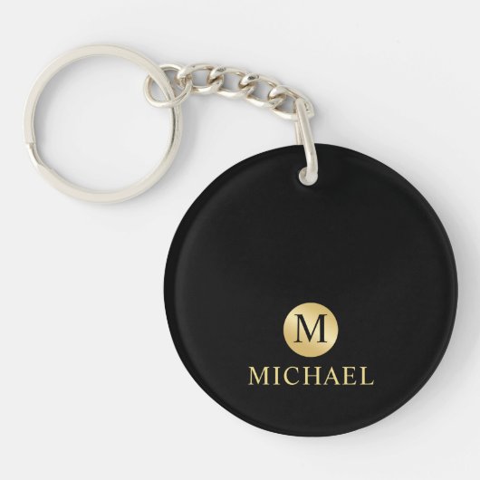 Luxe zwarte en gouden gepersonaliseerde monogram sleutelhanger (Voorkant)