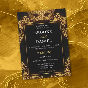 Luxe Zwarte en Gouden Maskerade Bruiloft Kaart