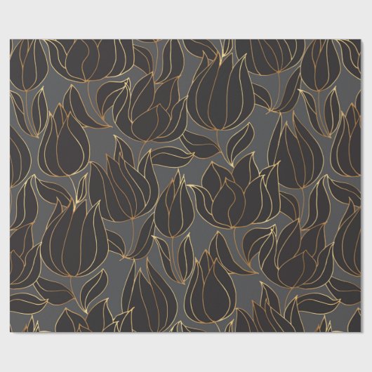 Luxe, zwarte en gouden tulp, naadloze pleister cadeaupapier (Vlak)