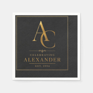 Luxe zwarte & gouden gepersonaliseerde verjaardags servet