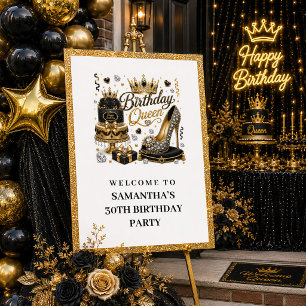 Luxe zwarte gouden glitter verjaardag koningin wel poster