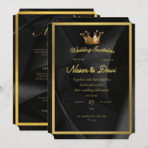 Luxe zwarte & gouden kroon trouwuitnodiging