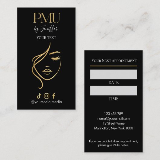 Luxe zwarte & gouden PMU-afspraakkaart Afsprakenkaartje (Voorkant / Achterkant)