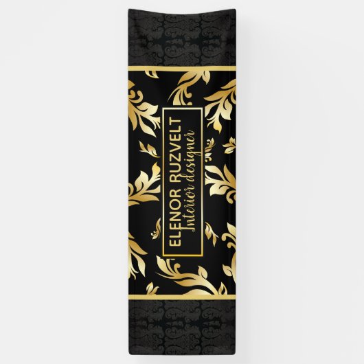 Luxe zwarte goudflorale elegant demasontwerp spandoek (Verticaal)