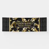 Luxe zwarte goudflorale elegant demasontwerp spandoek (Horizontaal)
