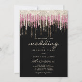 Luxe zwarte goudroze glazen glitter dript bruiloft kaart (Voorkant)