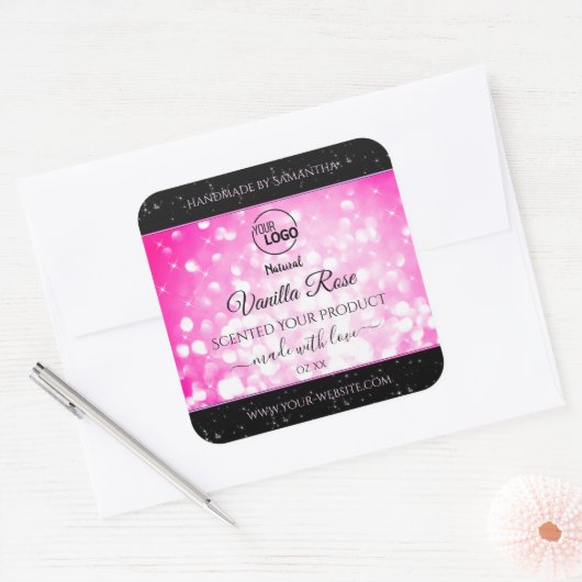 Luxe zwarte roze gelitter-productetiketten toevoeg vierkante sticker (Envelop)
