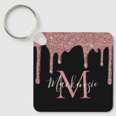 Luxe Zwarte Roze Gouden Glitter Druppels Monogram Sleutelhanger (Voorkant)