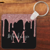 Luxe Zwarte Roze Gouden Glitter Druppels Monogram Sleutelhanger (Achterkant)