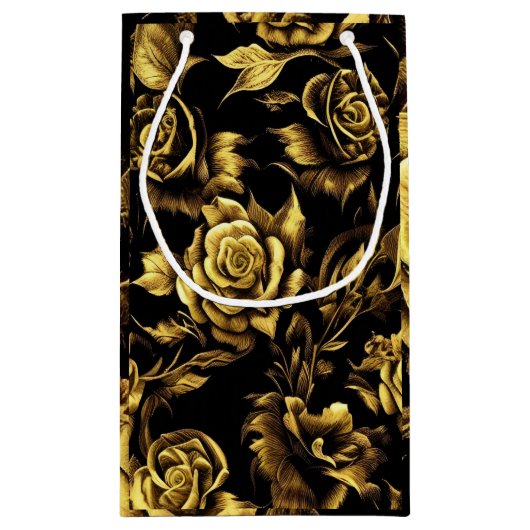 luxeontwerp met gouden rozen op een zwarte klein cadeauzakje (Achterkant)