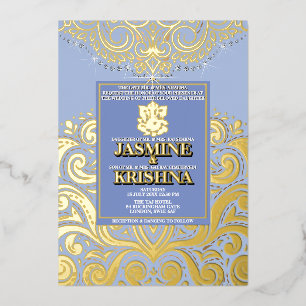 LuxGlitter Blauw Goud Ganesha Hindoe bruiloft Folie Uitnodiging
