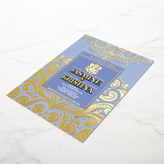 LuxGlitter Blauw Goud Ganesha Hindoe bruiloft Folie Uitnodiging (Gedraaid)
