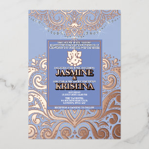 LuxGlitter Blauw Roze Goud Ganesha Hindoe bruiloft Folie Uitnodiging