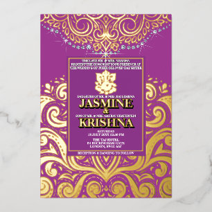 LuxGlitter Paarse Gouden Ganesha Hindoe Huwelijk Folie Uitnodiging