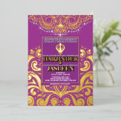 LuxGlitter Paarse Gouden Sikh Anand Karaj Wedding Folie Uitnodiging (Staand Voorkant)