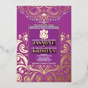 LuxGlitter Paarse RozeGoud Ganesha Hindoe bruiloft Folie Uitnodiging