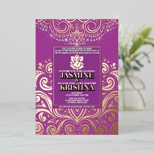 LuxGlitter Paarse RozeGoud Ganesha Hindoe bruiloft Folie Uitnodiging (Staand Voorkant)