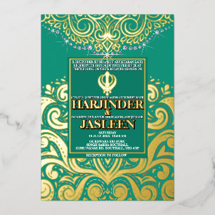LuxGlitter Peacock Gold Sikh Anand Karaj Wedding Folie Uitnodiging