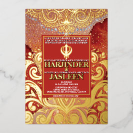LuxGlitter Red Sikh Anand Karaj Indiase bruiloft Folie Uitnodiging