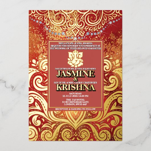 LuxGlitter Rood Goud Hindoe Ganesha Indiase bruilo Folie Uitnodiging (Voorkant)