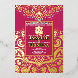 LuxGlitter Roos Roze Gouden Ganesha Hindoe bruilof Folie Uitnodiging