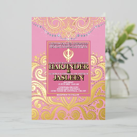 LuxGlitter Roze Gouden Sikh Anand Karaj Huwelijk Folie Uitnodiging (Staand Voorkant)