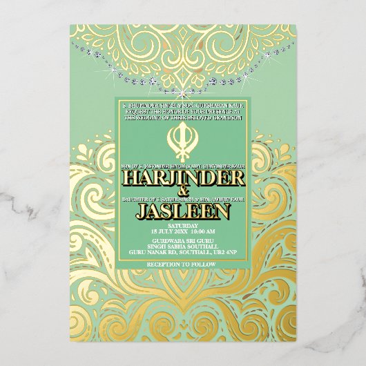 LuxGlitter Sage Green Gold Sikh Anand Karaj Weddin Folie Uitnodiging (Voorkant)