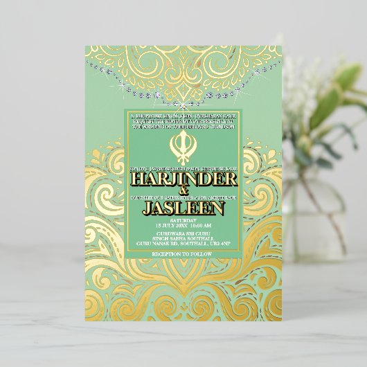 LuxGlitter Sage Green Gold Sikh Anand Karaj Weddin Folie Uitnodiging (Staand Voorkant)