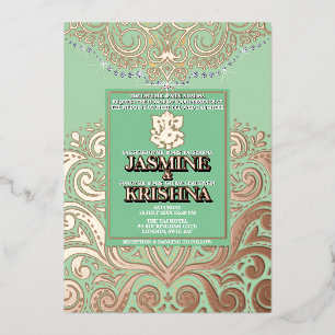 LuxGlitter Sage PinkGold Ganesha Hindoe bruiloft Folie Uitnodiging