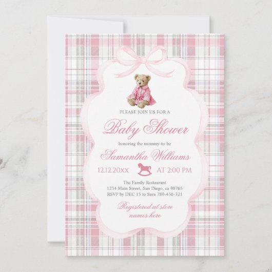 Luxsary Teddy Bear Pink Plaid Baby Girl Shower Kaart (Voorkant)