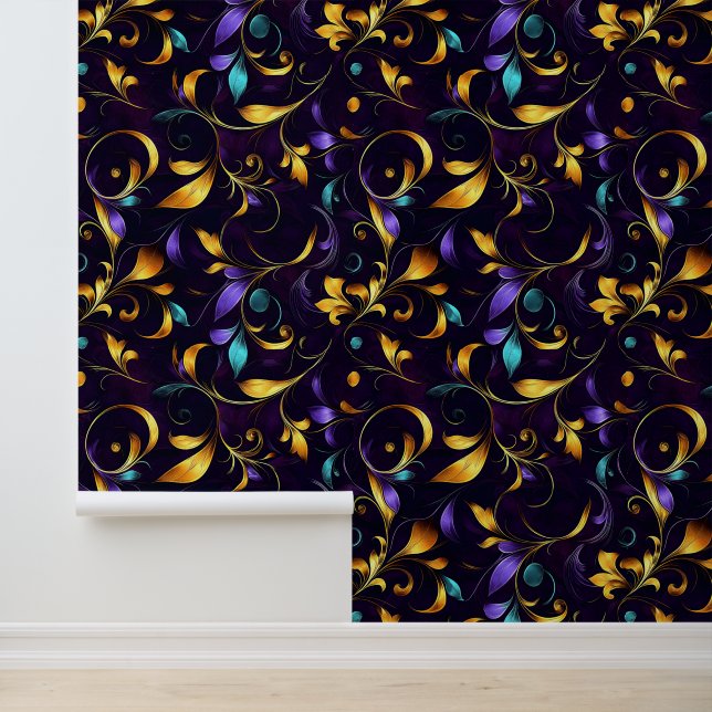 Luxueus bladbloemig scrollpatroon behang (Applicatie)