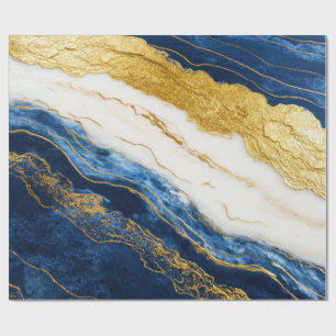 Luxueus marineblauw & bladgoud marmer cadeaupapier