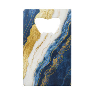 Luxueus marineblauw & bladgoud marmer kredietkaart flessenopener