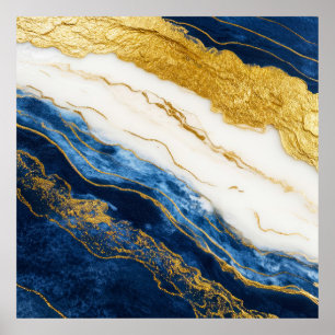 Luxueus marineblauw & bladgoud marmer poster
