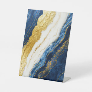 Luxueus marineblauw & bladgoud marmer reclamebord met voetstuk
