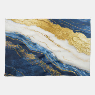 Luxueus marineblauw & bladgoud marmer theedoek
